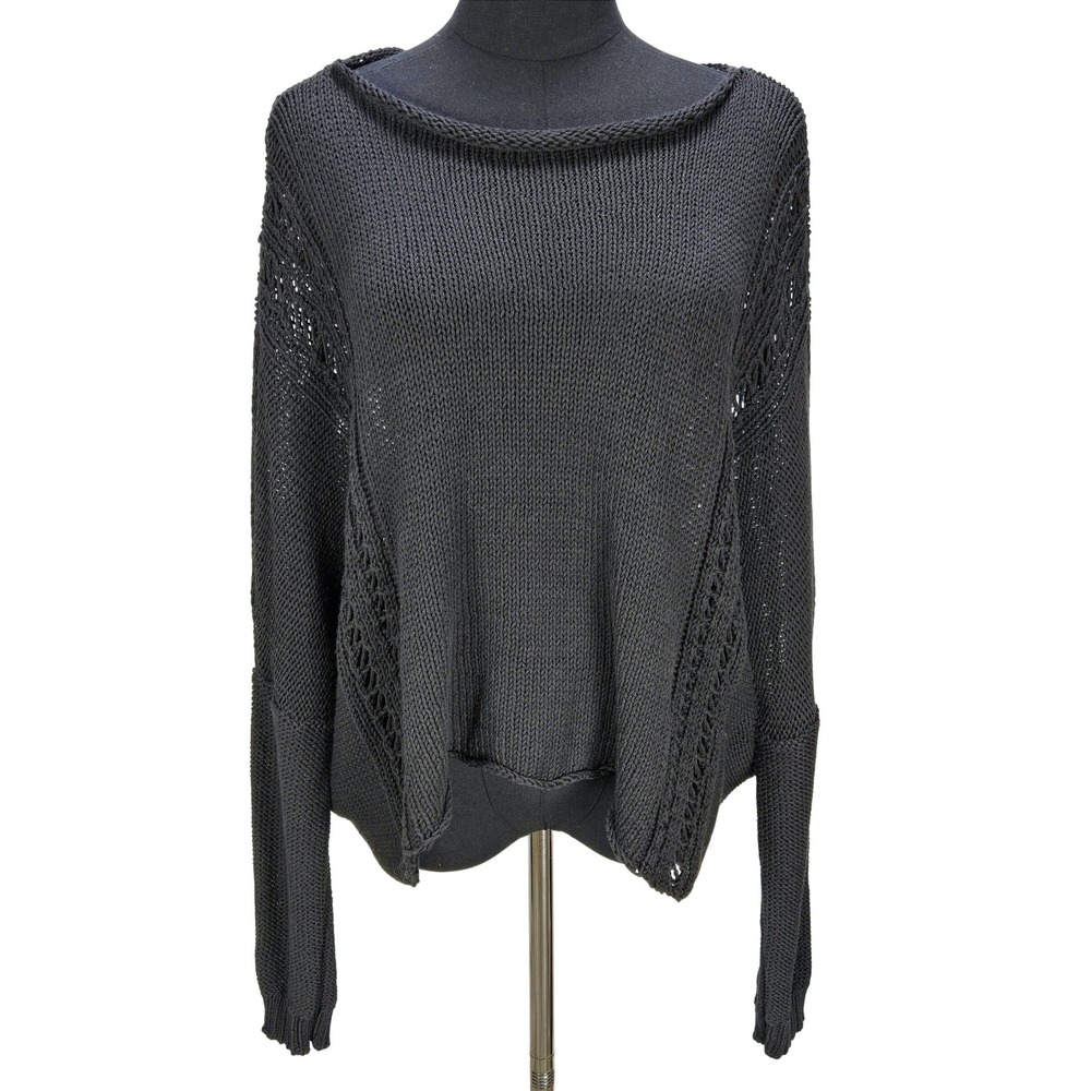 Women's Wooden Ships S/M Black Cotton Pointelle Knit Slouchy Batwing Sweater